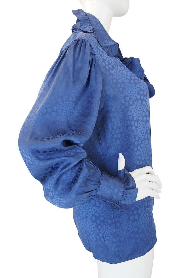 Women's 1970s Yves Saint Laurent Ocean Blue Silk Top