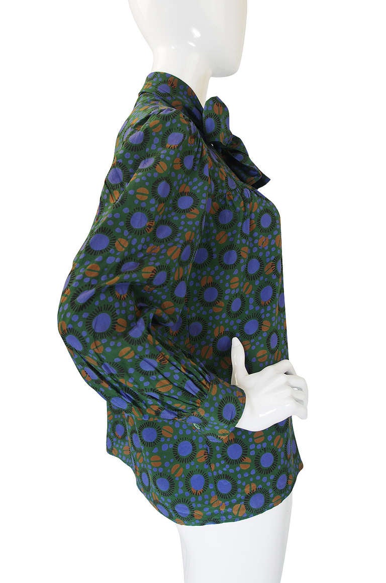 Women's 1970s Yves Saint Laurent Green Print Silk Top