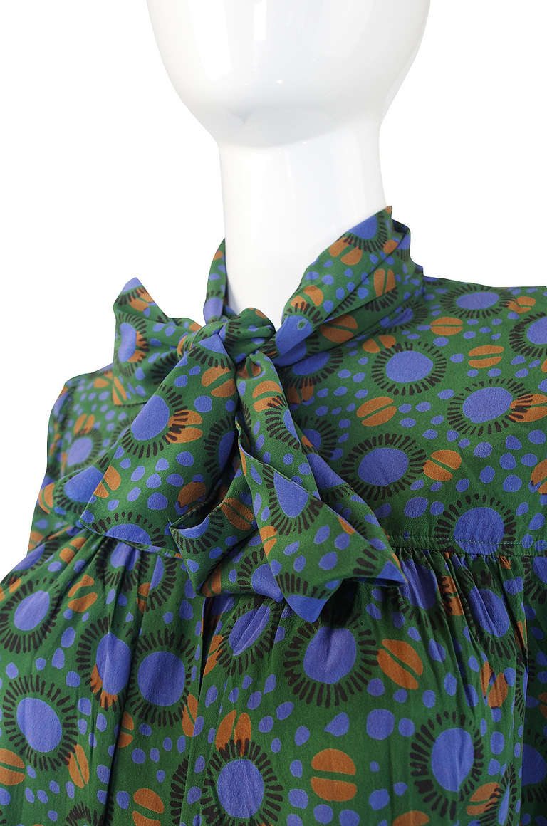 1970s Yves Saint Laurent Green Print Silk Top 1