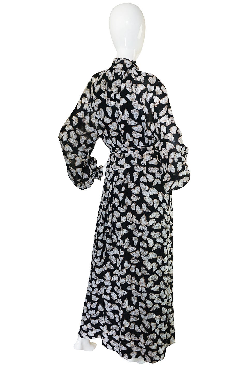 Black 1970s Silk Butterfly Print Hanae Mori Caftan Dress