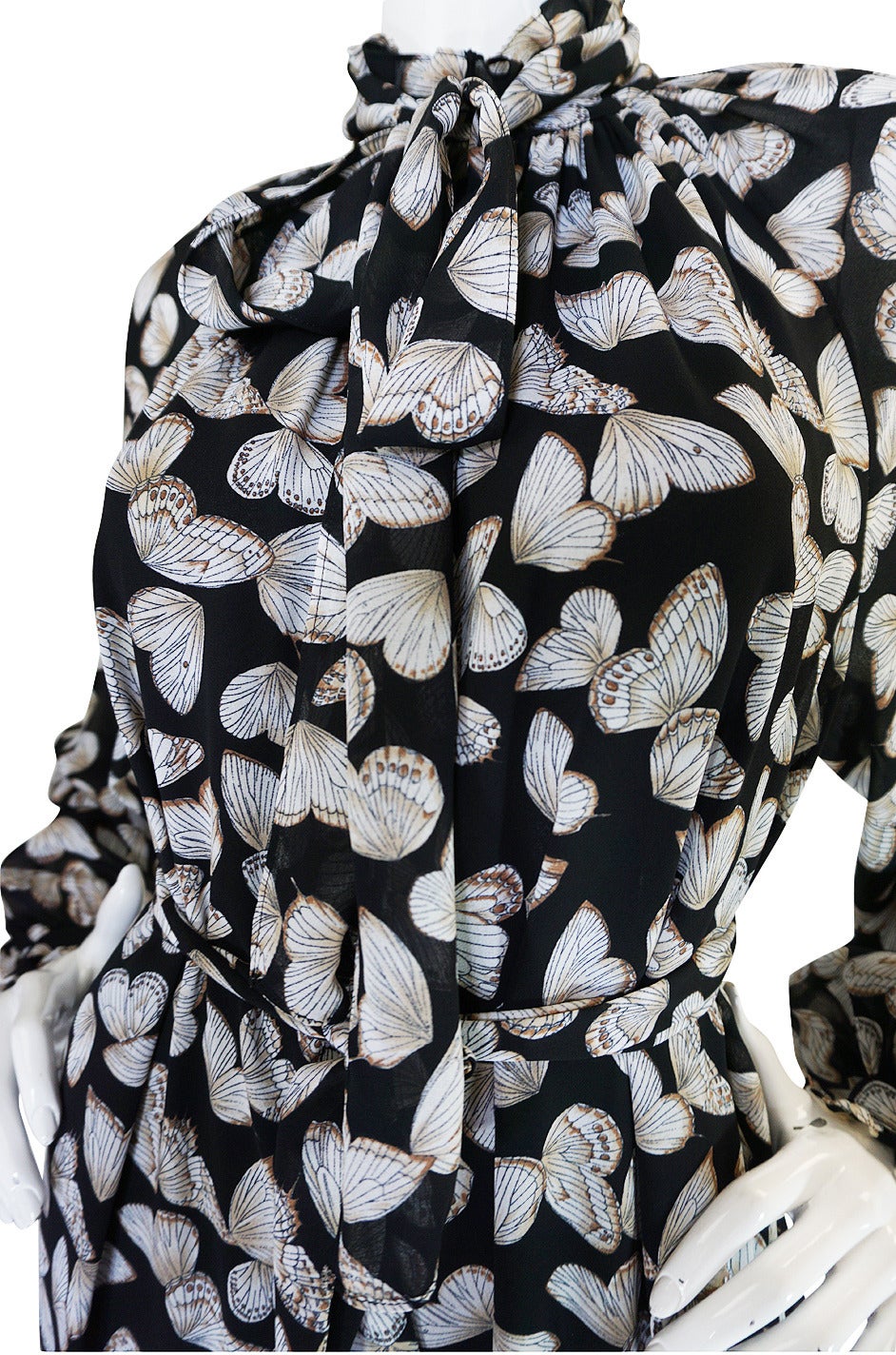 1970s Silk Butterfly Print Hanae Mori Caftan Dress 2