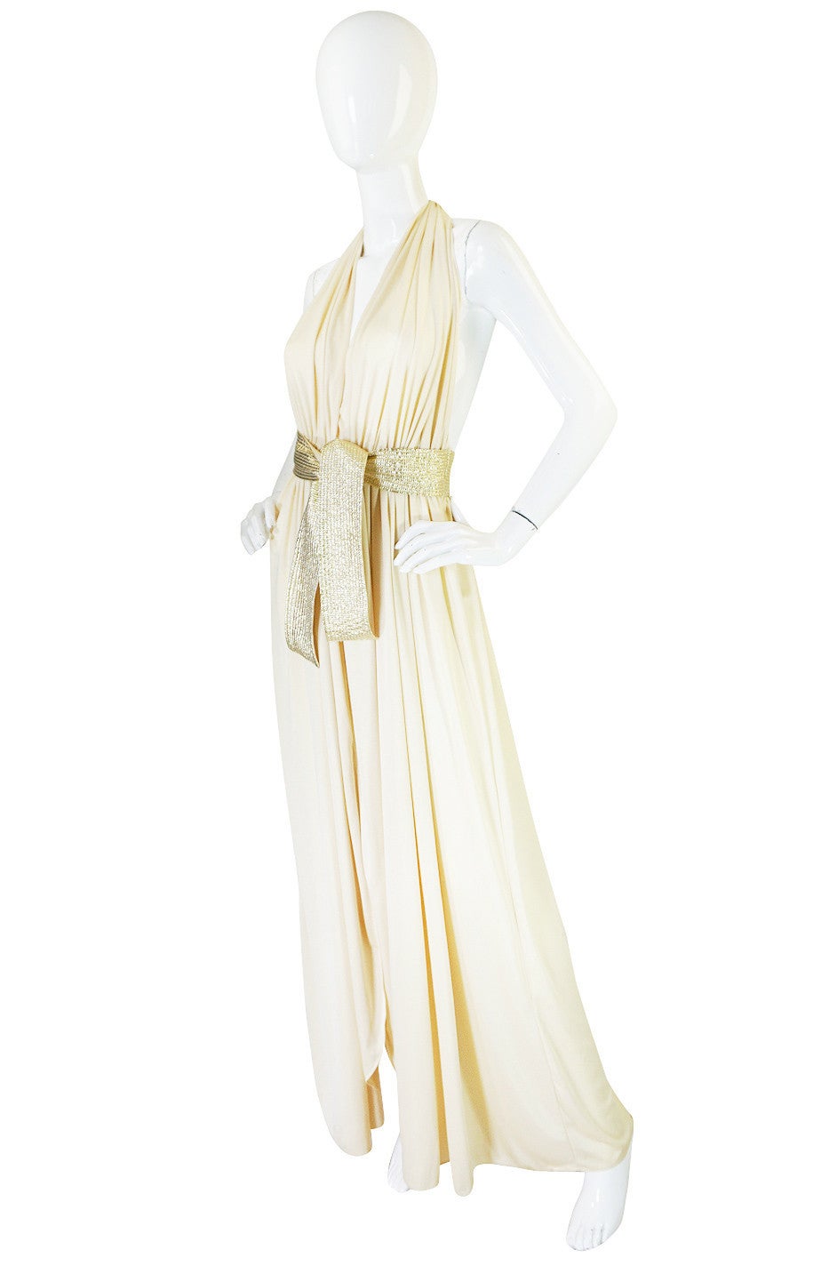 1970s Bill Tice Plunge Cream & Gold Backless Dress In Excellent Condition In Rockwood, ON