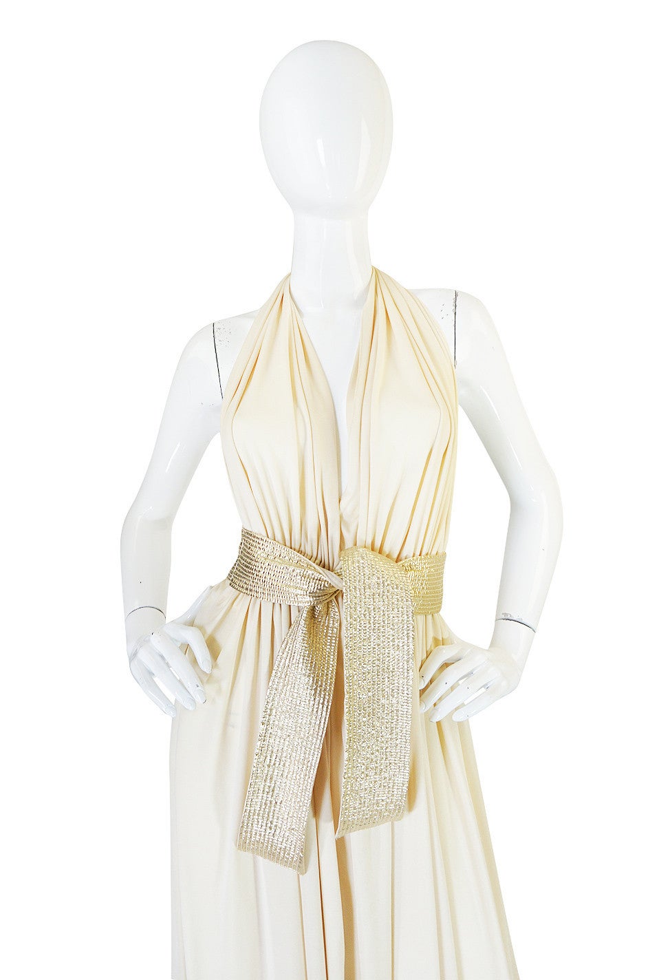 1970s Bill Tice Plunge Cream & Gold Backless Dress 2