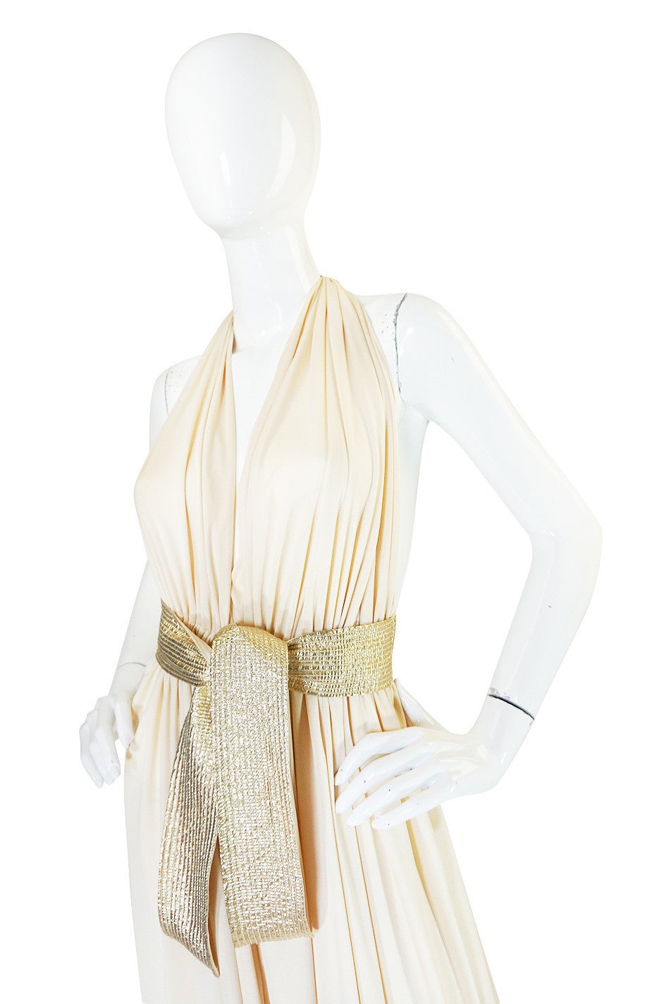 1970s Bill Tice Plunge Cream & Gold Backless Dress 3