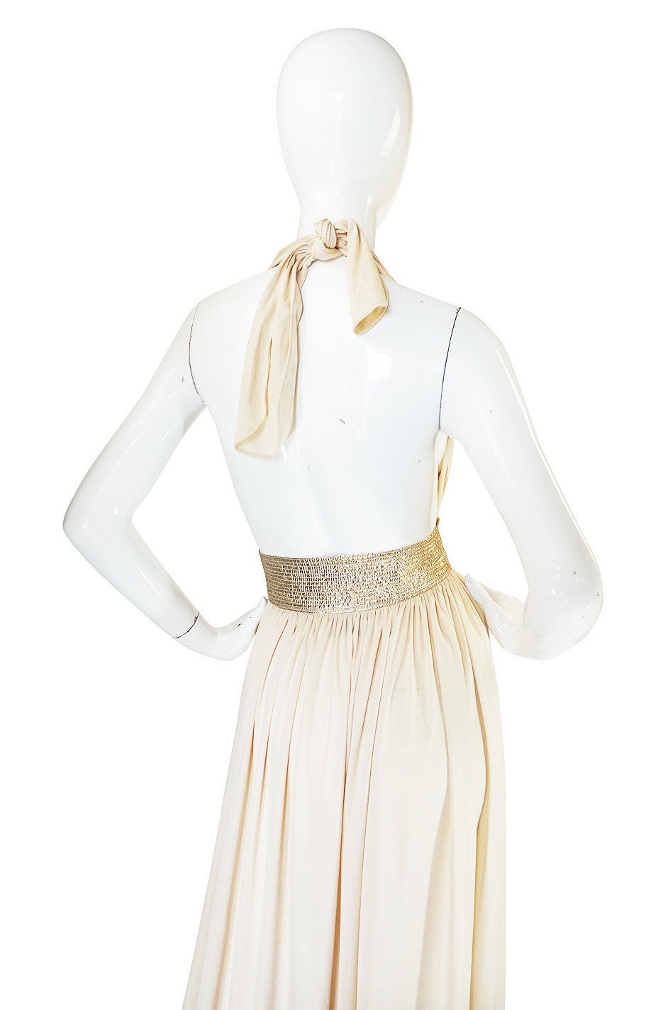 1970s Bill Tice Plunge Cream & Gold Backless Dress 1
