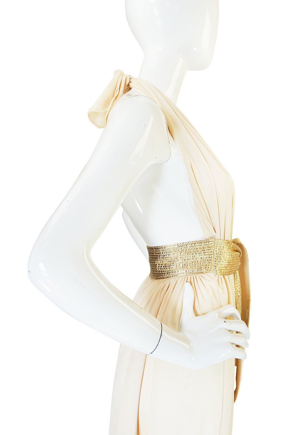 Women's 1970s Bill Tice Plunge Cream & Gold Backless Dress