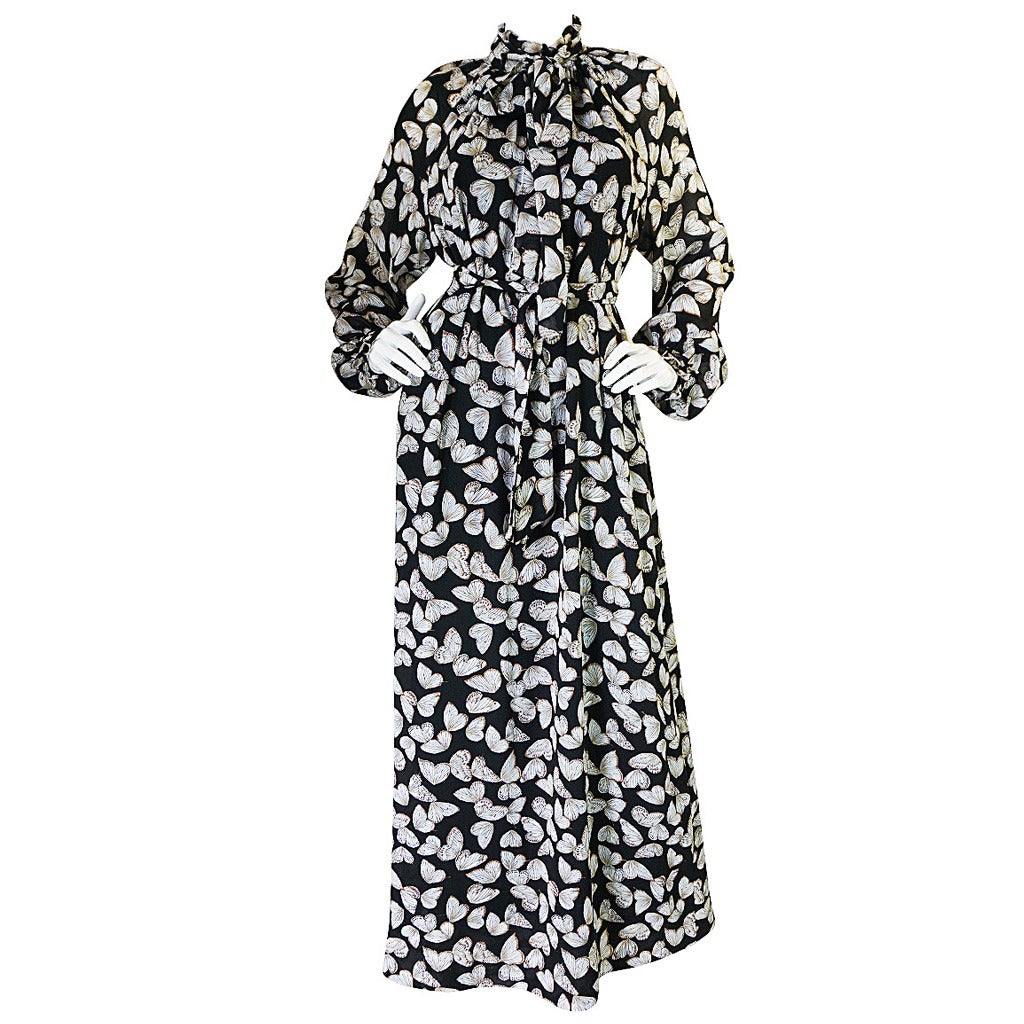 1970s Silk Butterfly Print Hanae Mori Caftan Dress