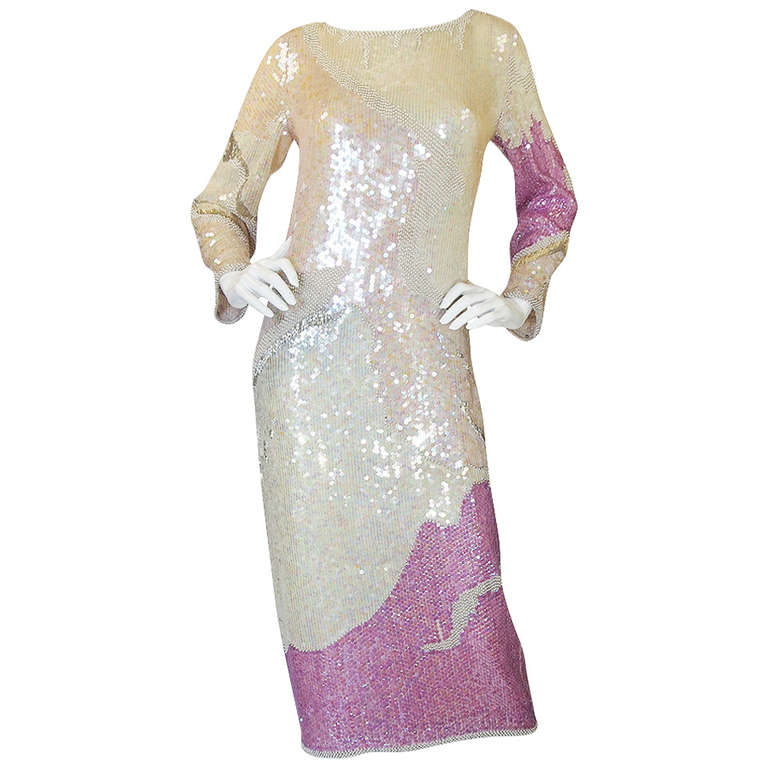 1970s Pink and Cream Halston Sequin Sheath Dress at 1stDibs