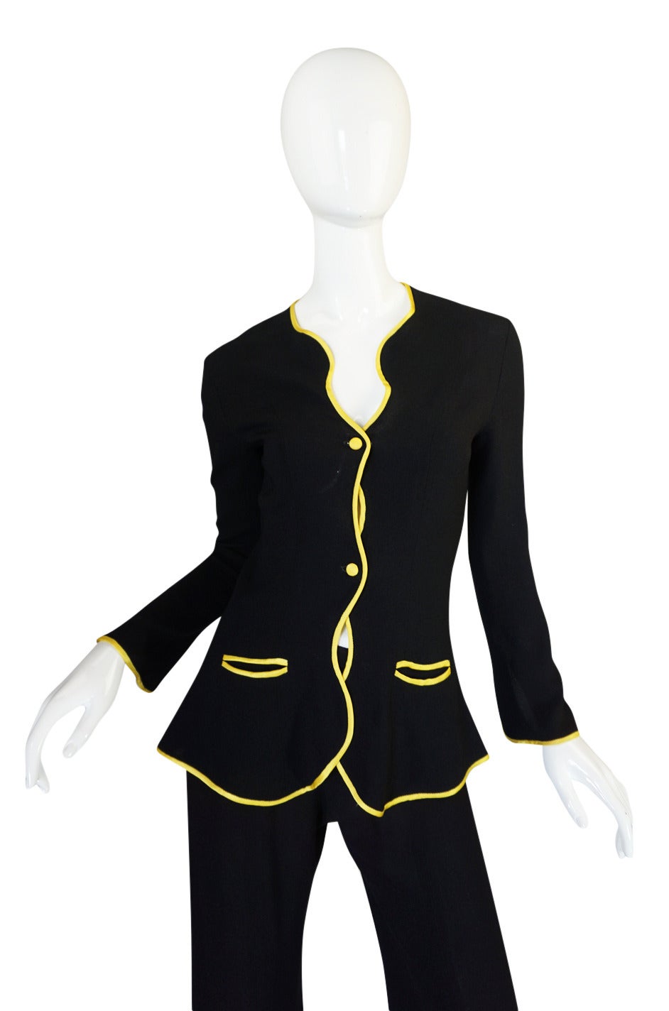 Women's 1970s Yellow Trim Ossie Clark Moss Crepe Trouser Suit