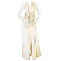 1970s Bill Tice Plunge Cream & Gold Backless Dress