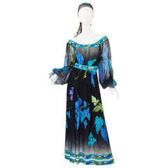 1970s Leonard Silk Chiffon & Jersey Caftan Dress