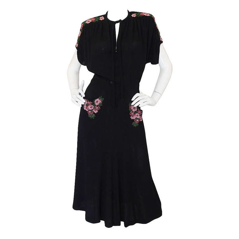1940s Spectacular Beaded Silk Crepe Swing Dress at 1stDibs