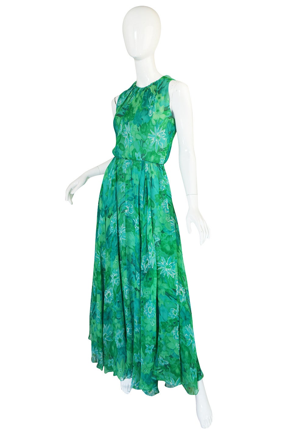 1960s Green Print Roger Freres Silk Chiffon Dress at 1stDibs