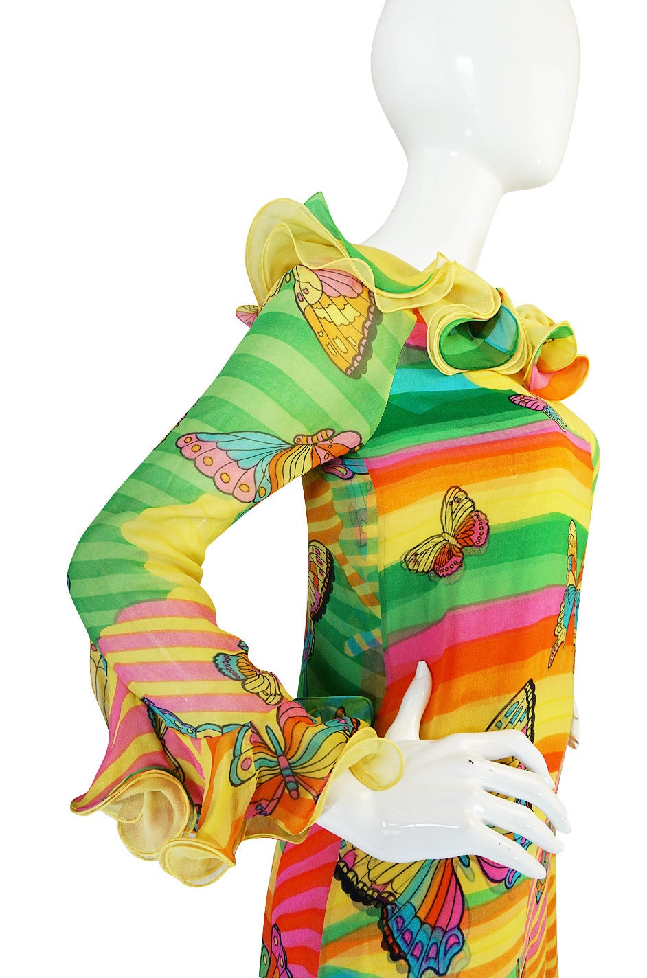 Women's c1965-67 Hanae Mori Butterfly Print Ruffled Silk Dress & Shawl