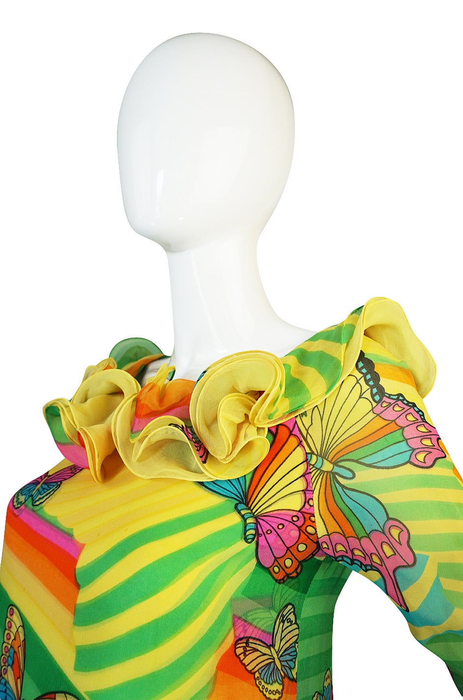 c1965-67 Hanae Mori Butterfly Print Ruffled Silk Dress & Shawl 2