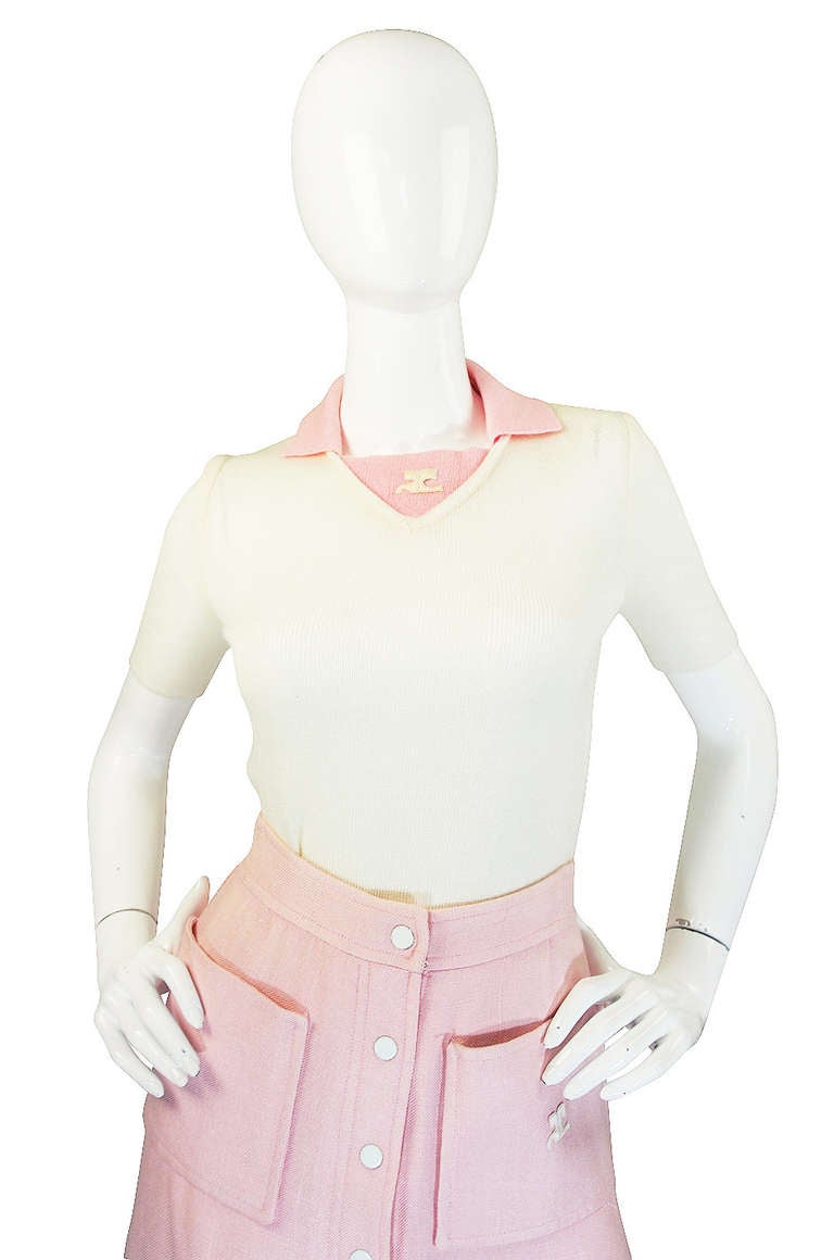 1960s Numbered Courreges Pink Skirt & Sweater Set In Excellent Condition For Sale In Rockwood, ON