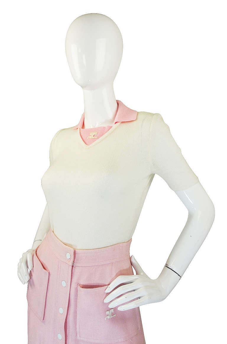 Women's 1960s Numbered Courreges Pink Skirt & Sweater Set For Sale