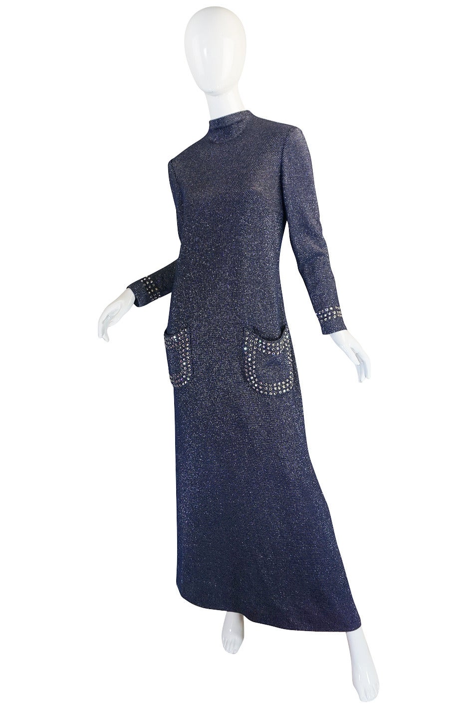 1970s Pauline Trigere Blue Lurex & Rhinestone Dress In Excellent Condition In Rockwood, ON