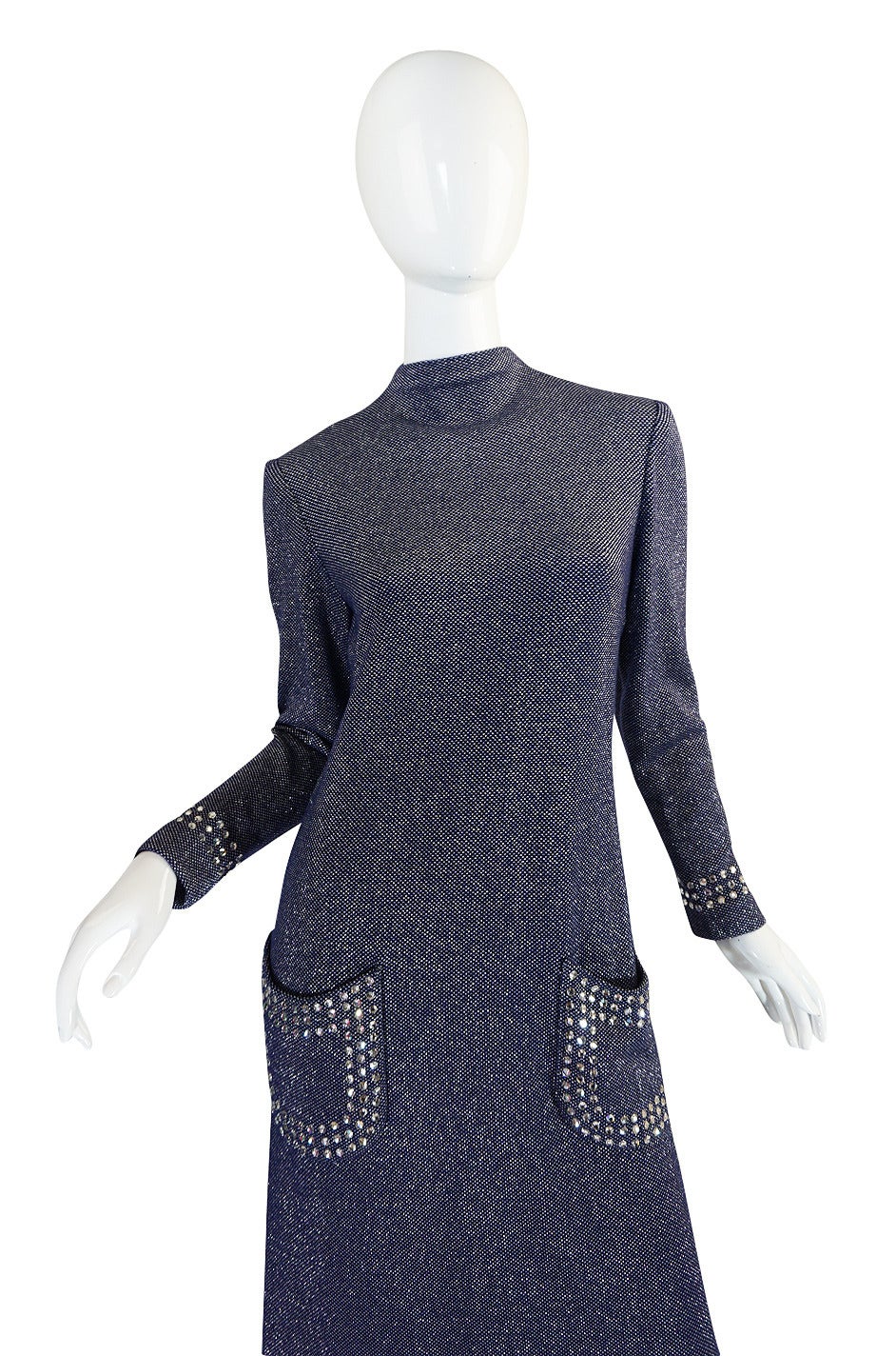 1970s Pauline Trigere Blue Lurex & Rhinestone Dress 1