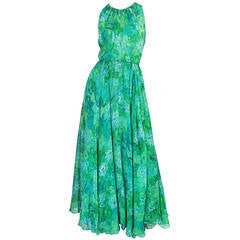 1960s Green Print Roger Freres Silk Chiffon Dress