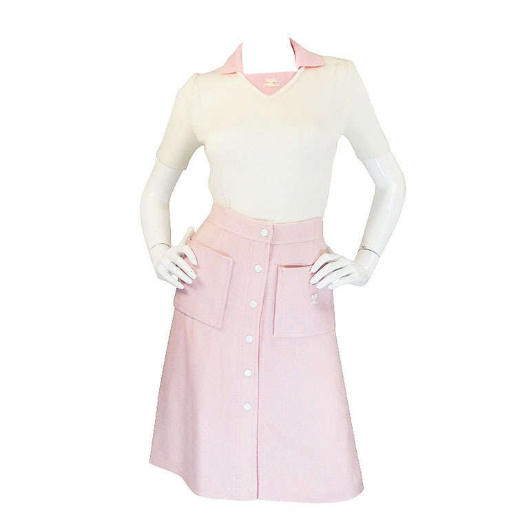 1960s Numbered Courreges Pink Skirt & Sweater Set For Sale