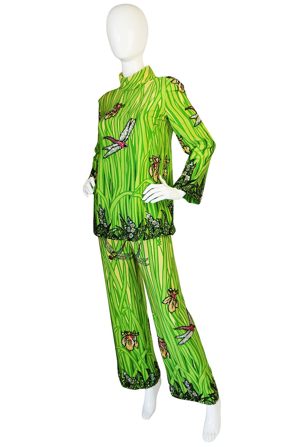 Green 1960s Micheal Novarese Sequin Dragonfly & Flowers Silk Pant Suit