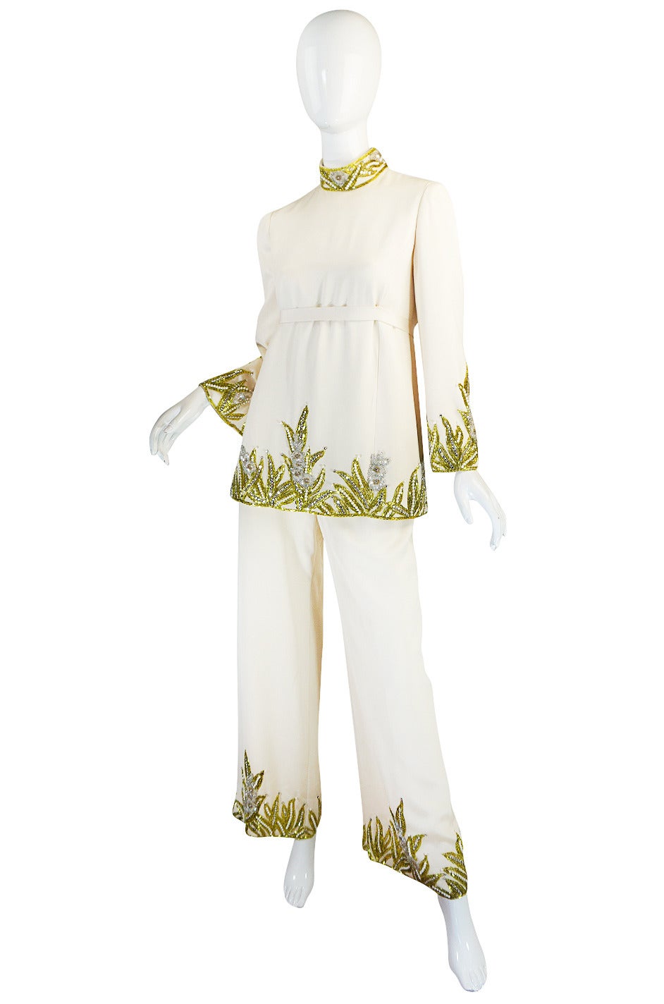 Beige 1960s Michael Novarese Heavily Beaded Silk Pantsuit