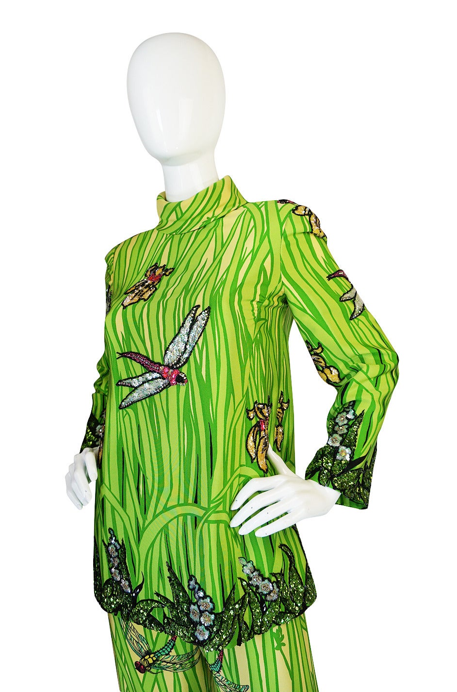 1960s Micheal Novarese Sequin Dragonfly & Flowers Silk Pant Suit 2