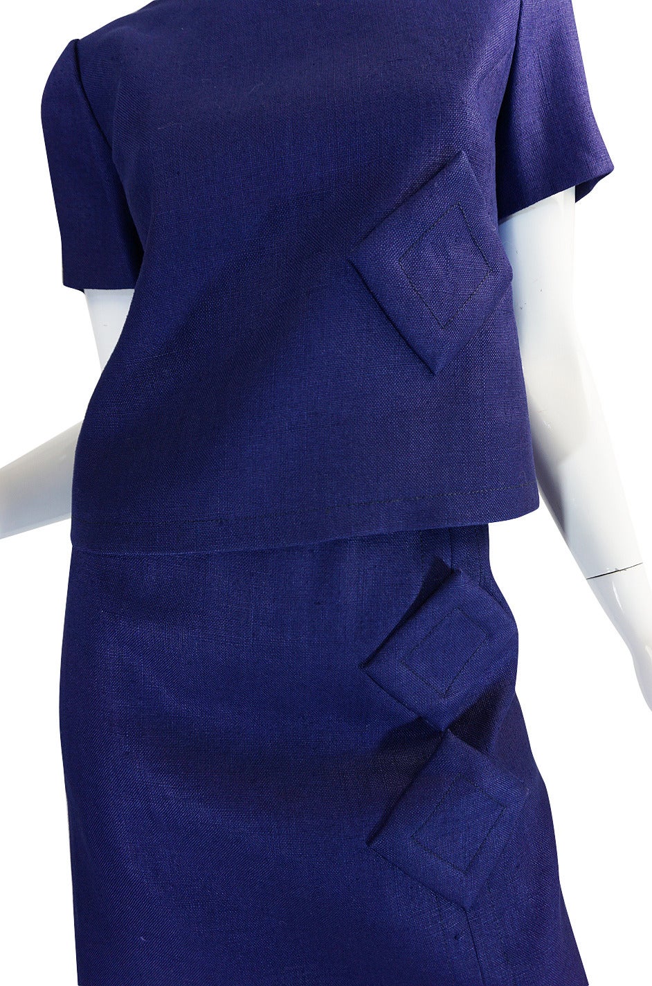 Women's Early 1960s Pierre Cardin for Takashimaya Blue Linen Suit