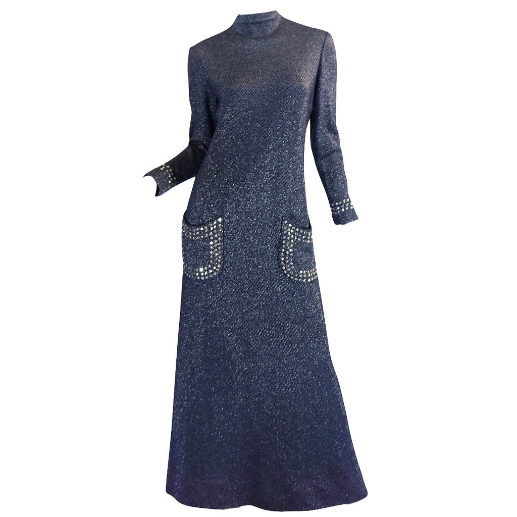 1970s Pauline Trigere Blue Lurex & Rhinestone Dress
