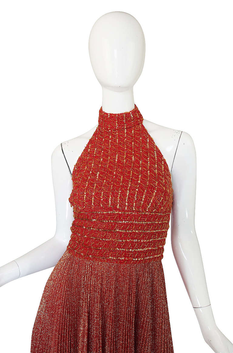 1970s Mignon Red Lame Gold Halter Dress In Excellent Condition For Sale In Rockwood, ON