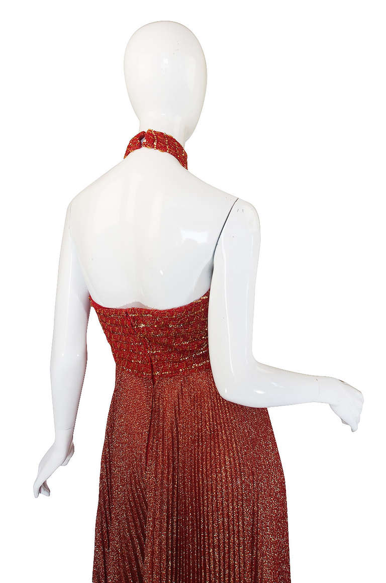 1970s Mignon Red Lame Gold Halter Dress For Sale 1