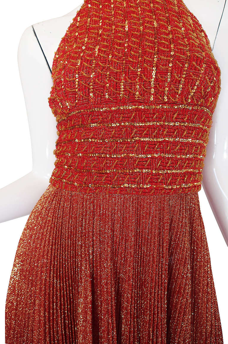 1970s Mignon Red Lame Gold Halter Dress For Sale 2