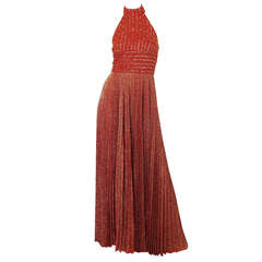 1970s Mignon Red Lame Gold Halter Dress