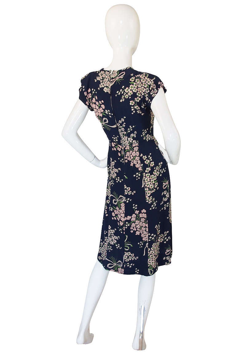 1940s Amazing Blue Floral Swing Dress at 1stdibs