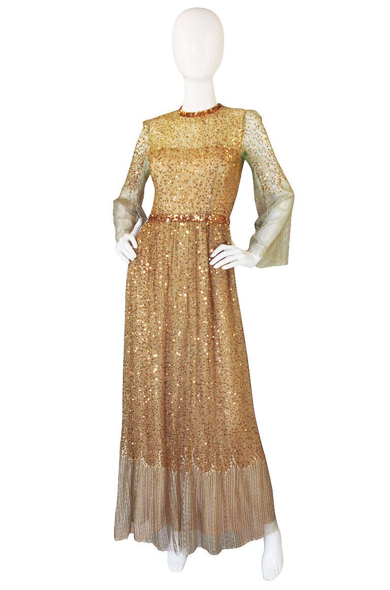 1960s Fine Gold Sequin & Net Mollie Parnis Dress In Excellent Condition In Rockwood, ON