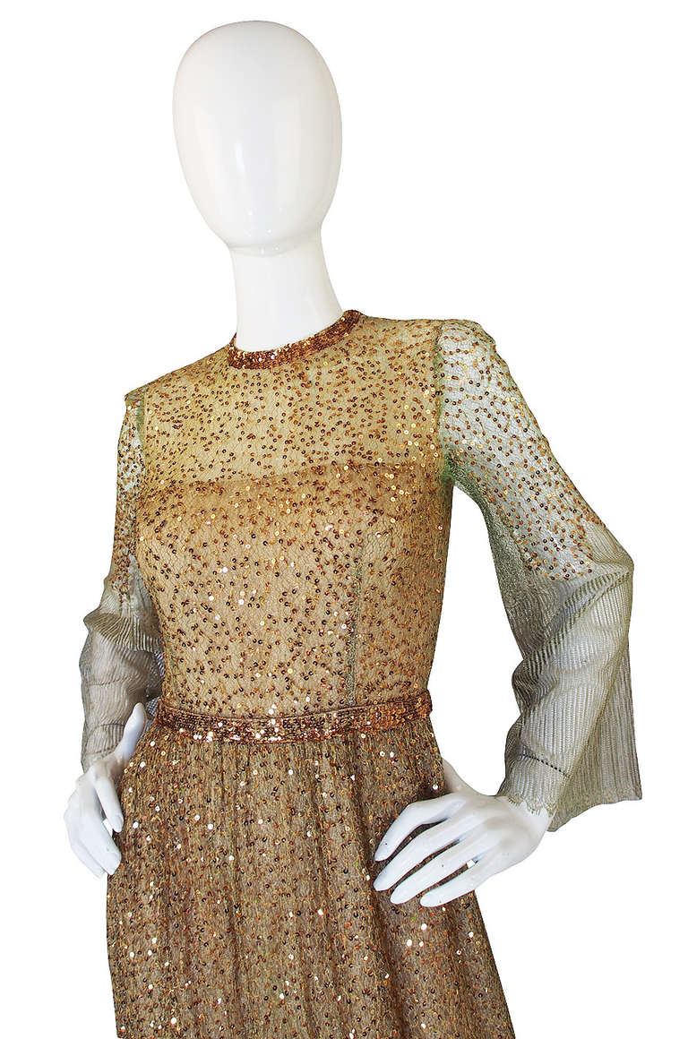 1960s Fine Gold Sequin & Net Mollie Parnis Dress 1