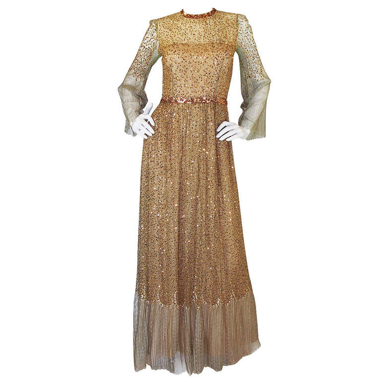 1960s Fine Gold Sequin & Net Mollie Parnis Dress