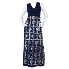 1960s Brenner Couture Silver & Navy Mod Maxi Dress