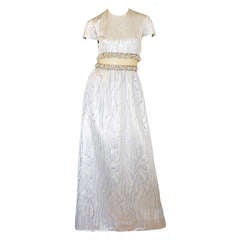 Vintage 1960s Heavily Beaded Midriff Illusion Silver Gown