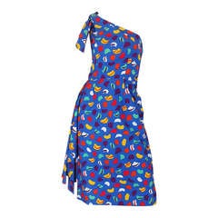 1970s Guy Laroche One Shoulder Bright & Pretty Print Dress 2