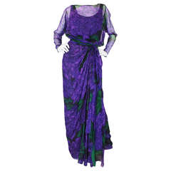 1970s James Galanos Couture Purple Silk Chiffon Print Dress 3