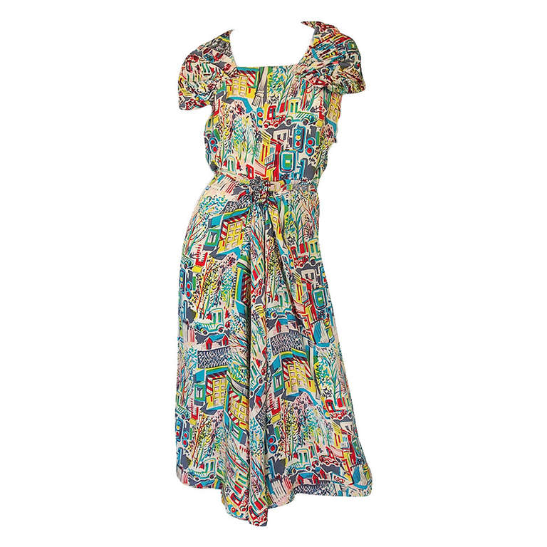 1940s Pattullo Jo Copeland Silk Print Dress For Sale