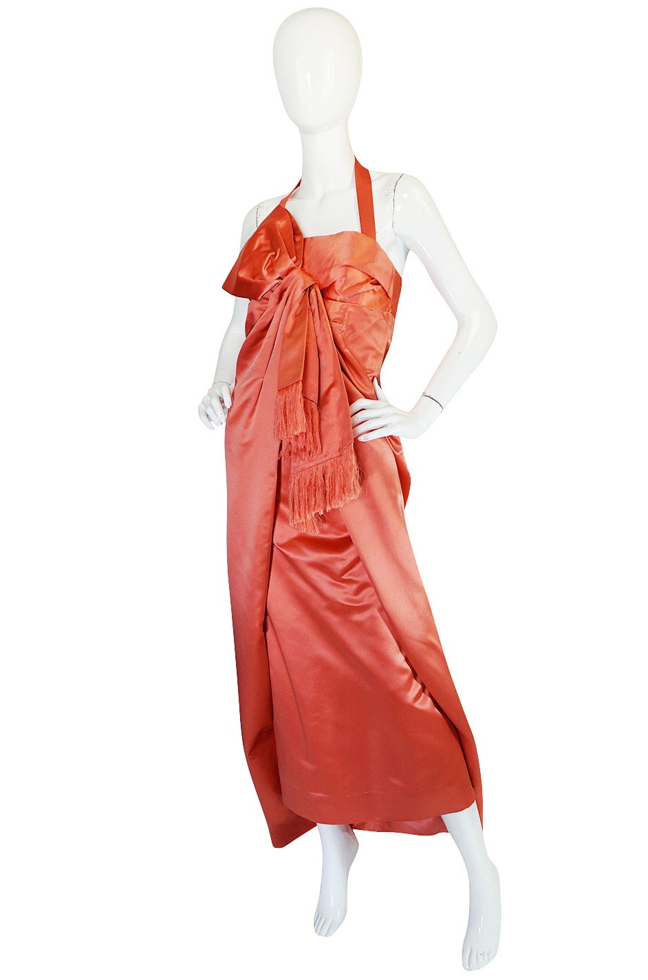 Women's 1950s Extraordinary Coral Wrapped Silk Satin Bow Gown