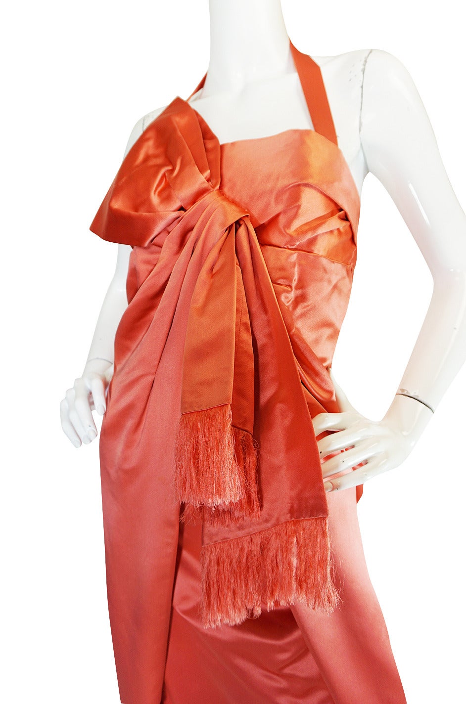 1950s Extraordinary Coral Wrapped Silk Satin Bow Gown In Excellent Condition In Rockwood, ON