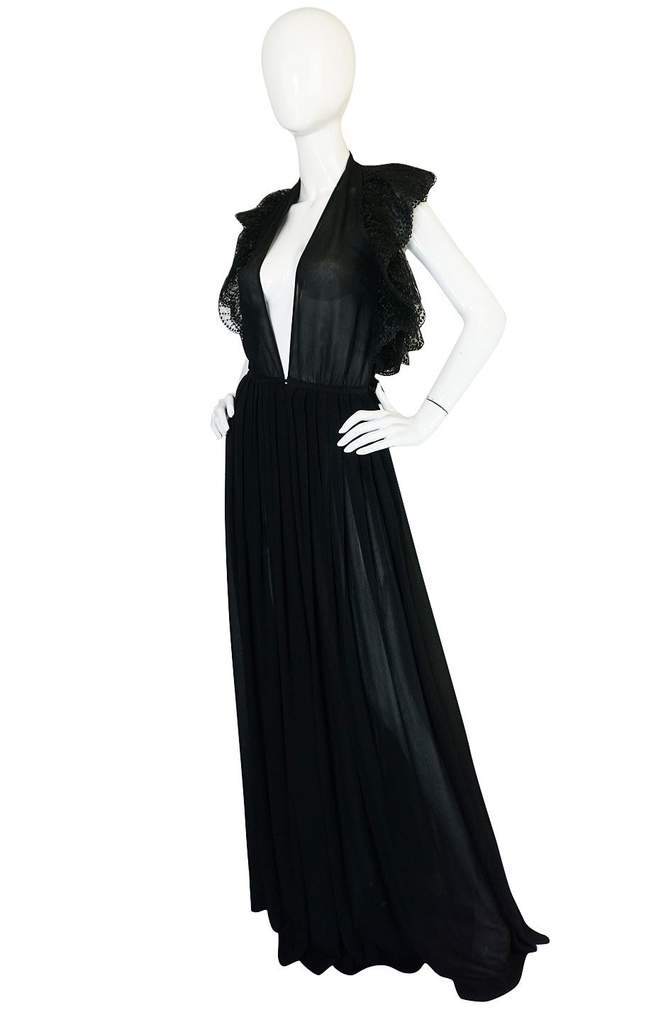 1970s Plunging Silk Chiffon & Lace Couture Galanos Gown 1