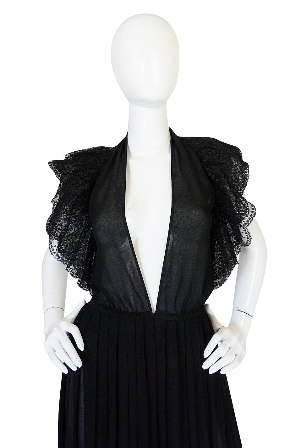 1970s Plunging Silk Chiffon and Lace Couture Galanos Gown at 1stDibs
