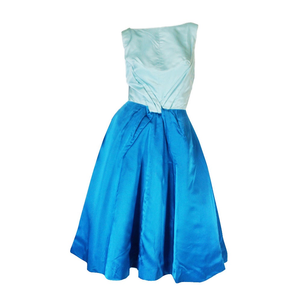 1950s Two Tone Blue Silk Satin Estevez Dress