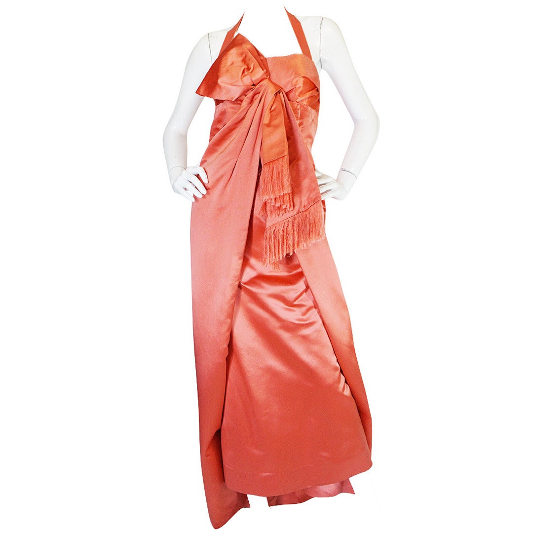 1950s Extraordinary Coral Wrapped Silk Satin Bow Gown