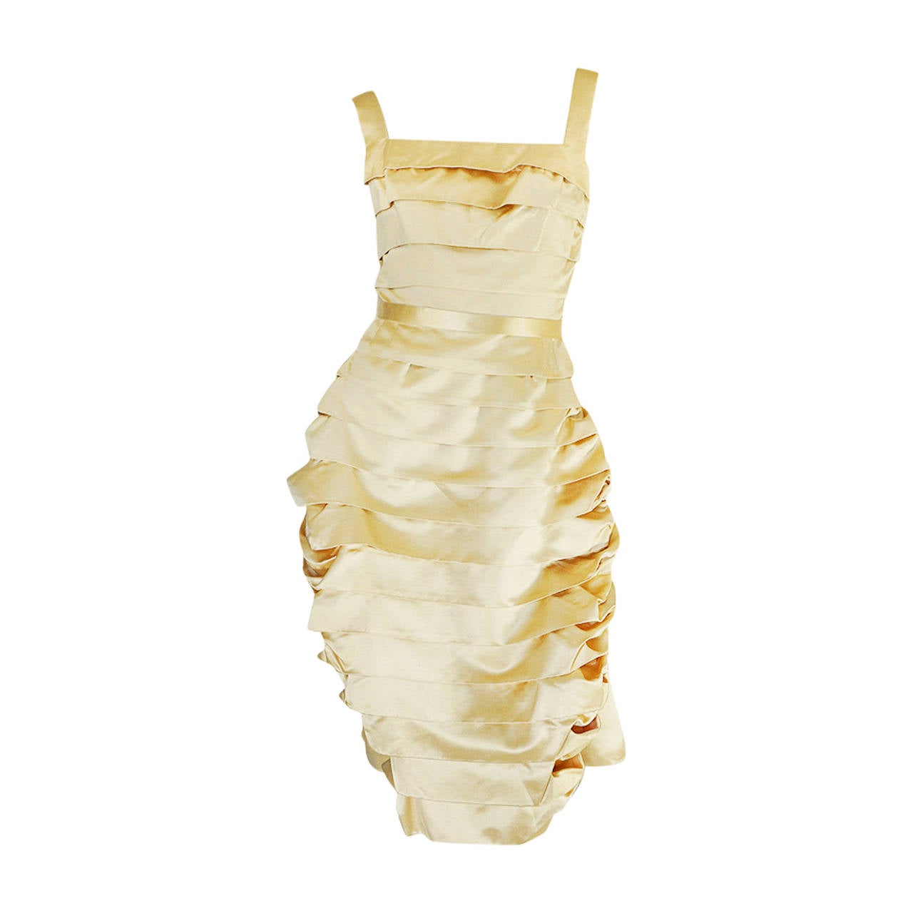 1950s Demi-Couture Pale Lemon Silk Satin Pleat Dress at 1stDibs